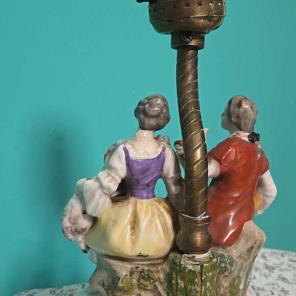 Antique Victorian Porcelain Lamp Courting Couple Sheep Grapes Boudoir Brass - Picture 8 of 11